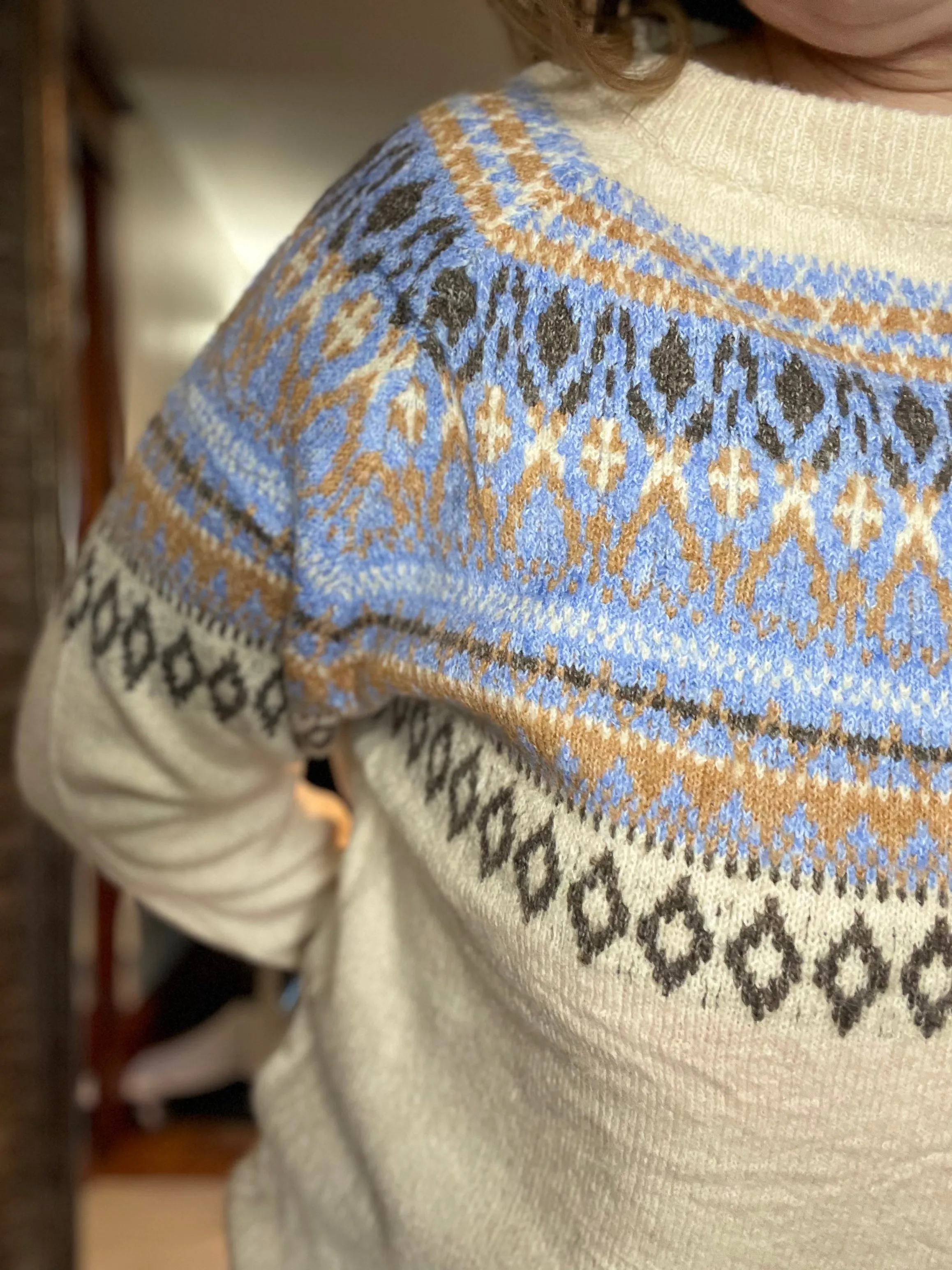 Beige w/  Blue, Tan & Brown Print Sweater